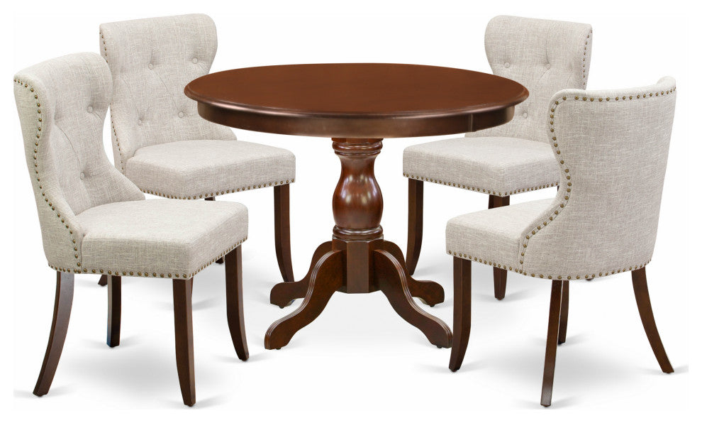 5 Pc Dining Set, Mahogany Kitchen Table, 4 Doeskin Parson Chairs Button Tufted