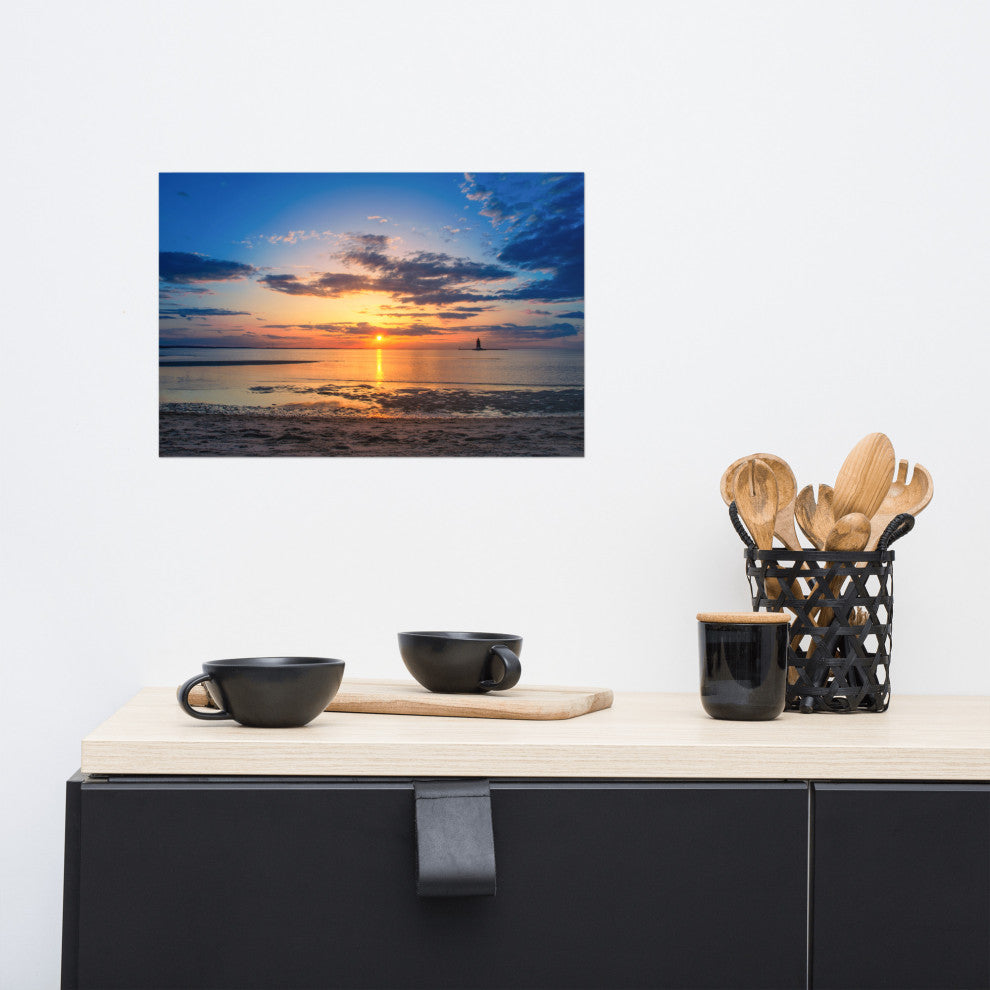 Sunset at Breakwater Lighthouse Coastal Landscape Unframed Wall Art Print, 12" X 18"