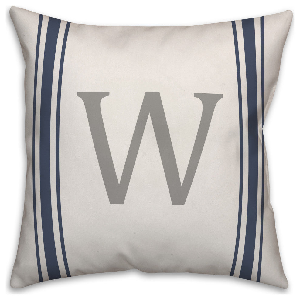 Blue Farmhouse Stripe Monogram - W 18x18 Spun Poly Pillow