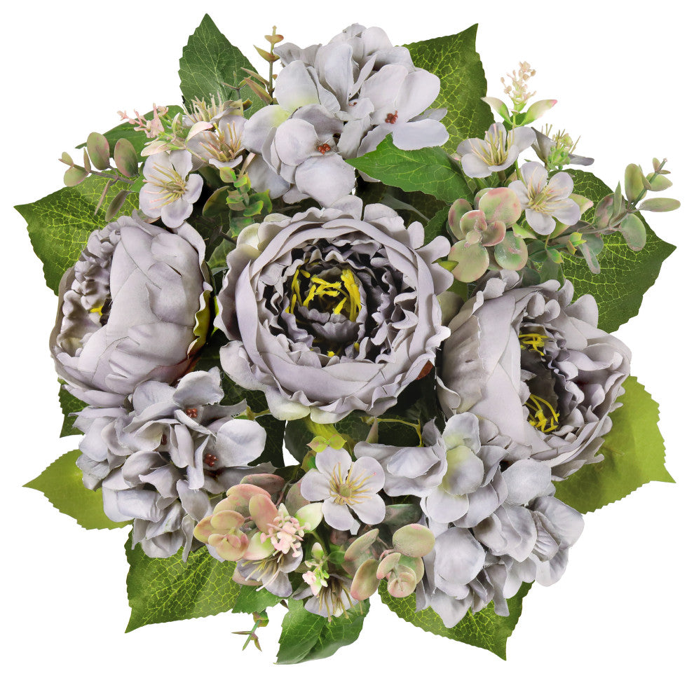 Set of 2 Grey Artificial Peony Hydrangea Flower Stem Bush Bouquet 17"