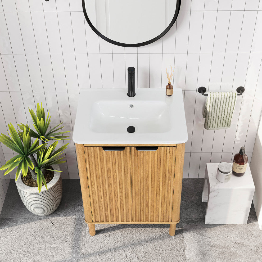 Mumbai Bath Vanity with Ceramic Basin Top without Mirror, Weathering Light Brown, 24", Single Vanity