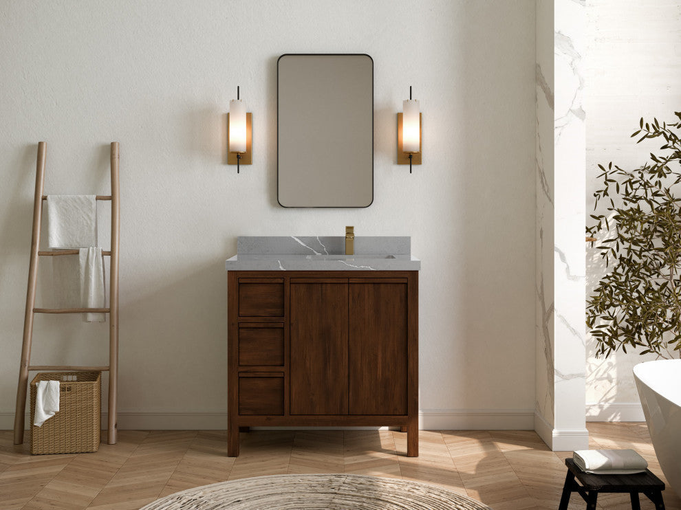 Elizabeth 36 Right Offset Bath Vanity in Dark Walnut Teak 2" Piatra Gray