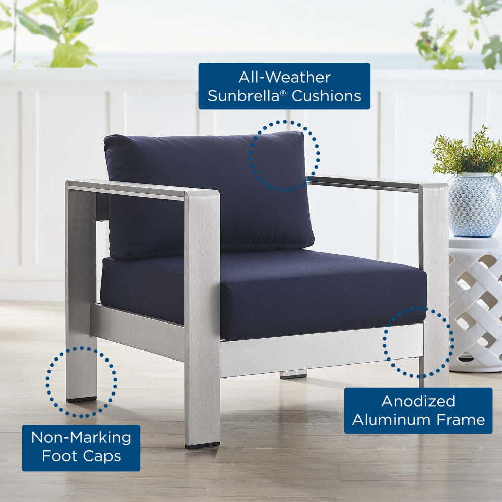 Lounge Chair Armchair, Sunbrella, Fabric, Aluminum, Silver Blue Navy, Outdoor
