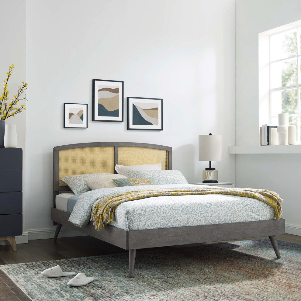 Cane Bed, Woven Rattan Bed, Art Moderne Curve Platform Bed, Grey, Full