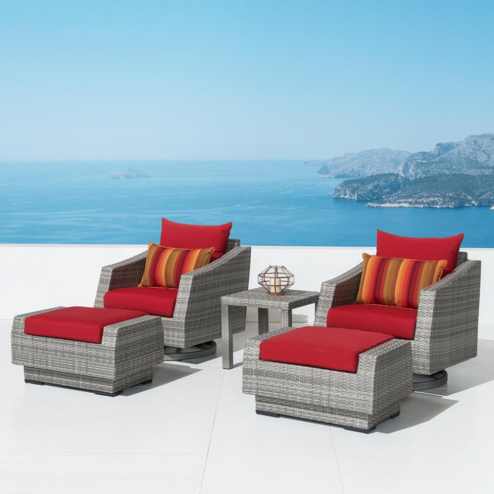 Cannes 5 Piece Aluminum Outdoor Patio Motion Club Chair and Ottoman Set, Sunset Red