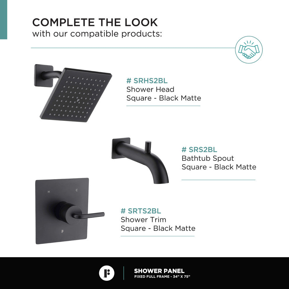 Single Fixed Glass Shower Panel - Clear Tempered Full Frame Shower Glass Door, Black, 34"