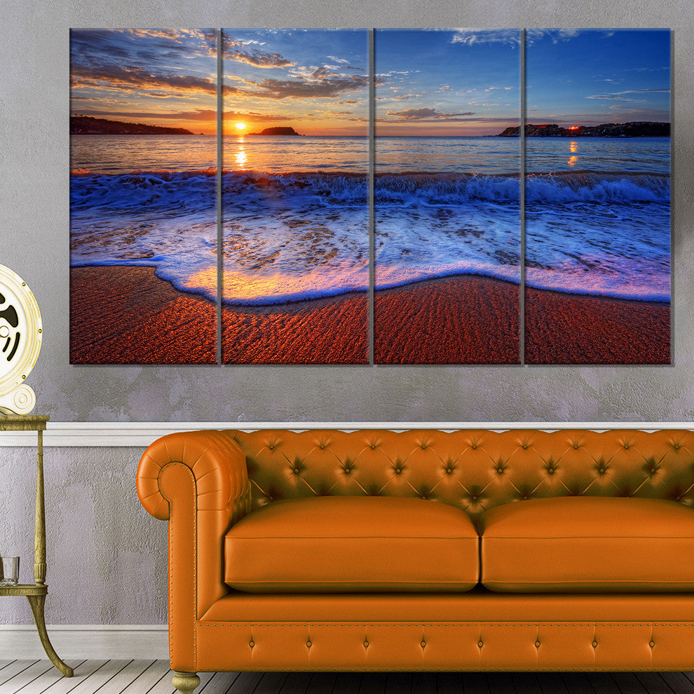 Blue Waves on Sandy Beach, Seashore Canvas Art Print, 48"x28", 4 Panels