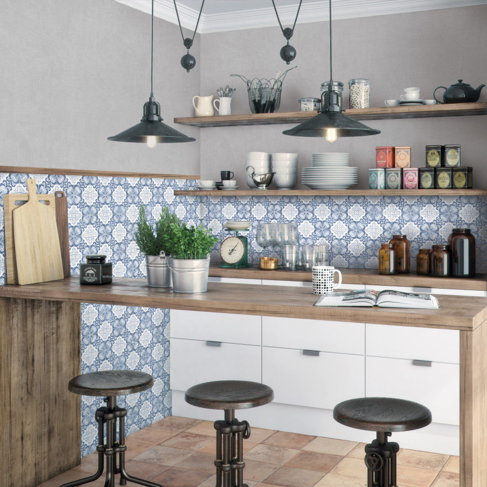 Harmonia Classic Ceramic Floor and Wall Tile, Floral Lattice Blue