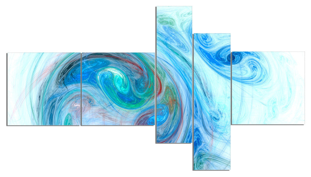 Light Blue Fractal Illustration, Abstract Canvas Wall Art, 60"x32", 5 panels