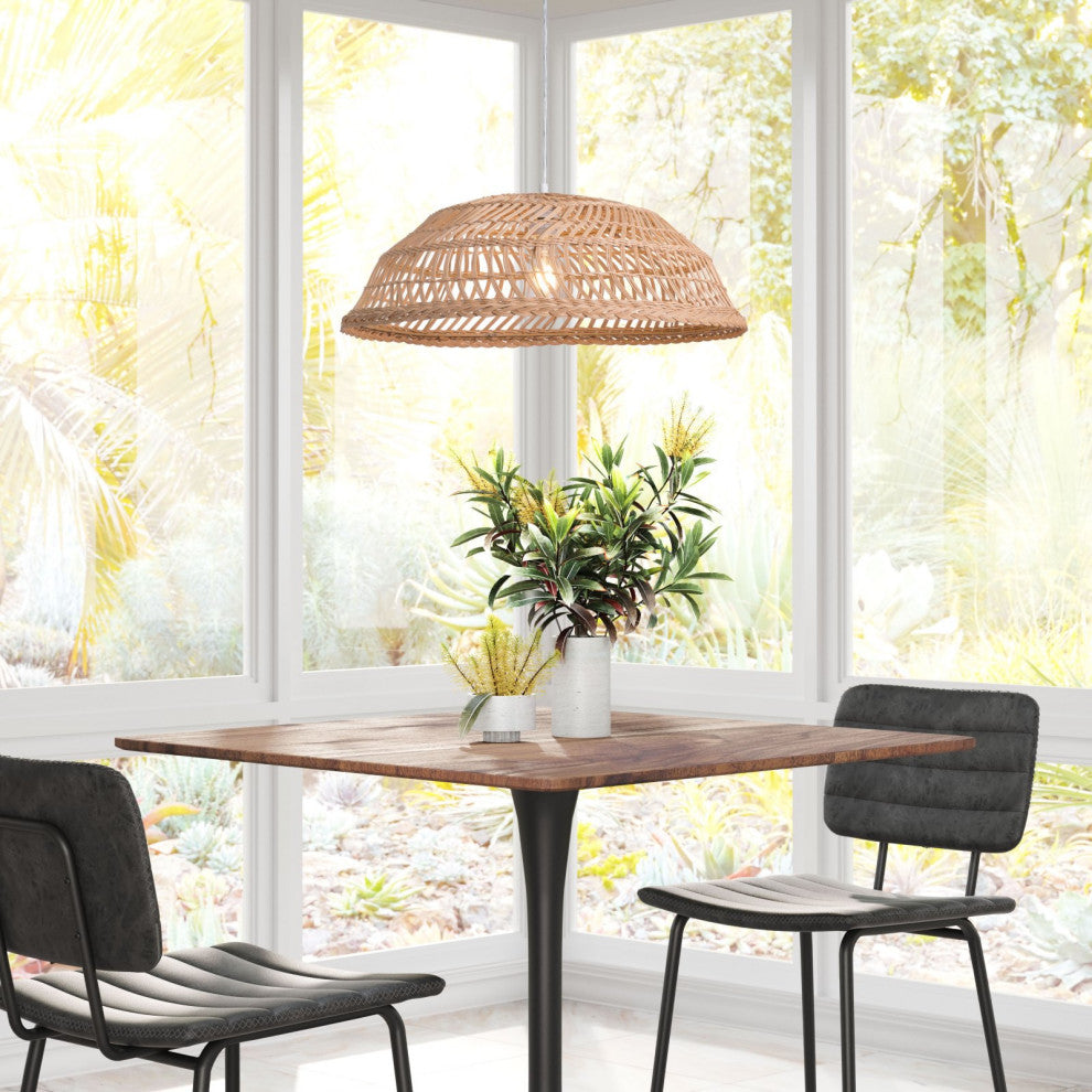 Pendant Ceiling Light Fixture, Steel Metal, Rattan, Natural, Lounge Cafe Lobby