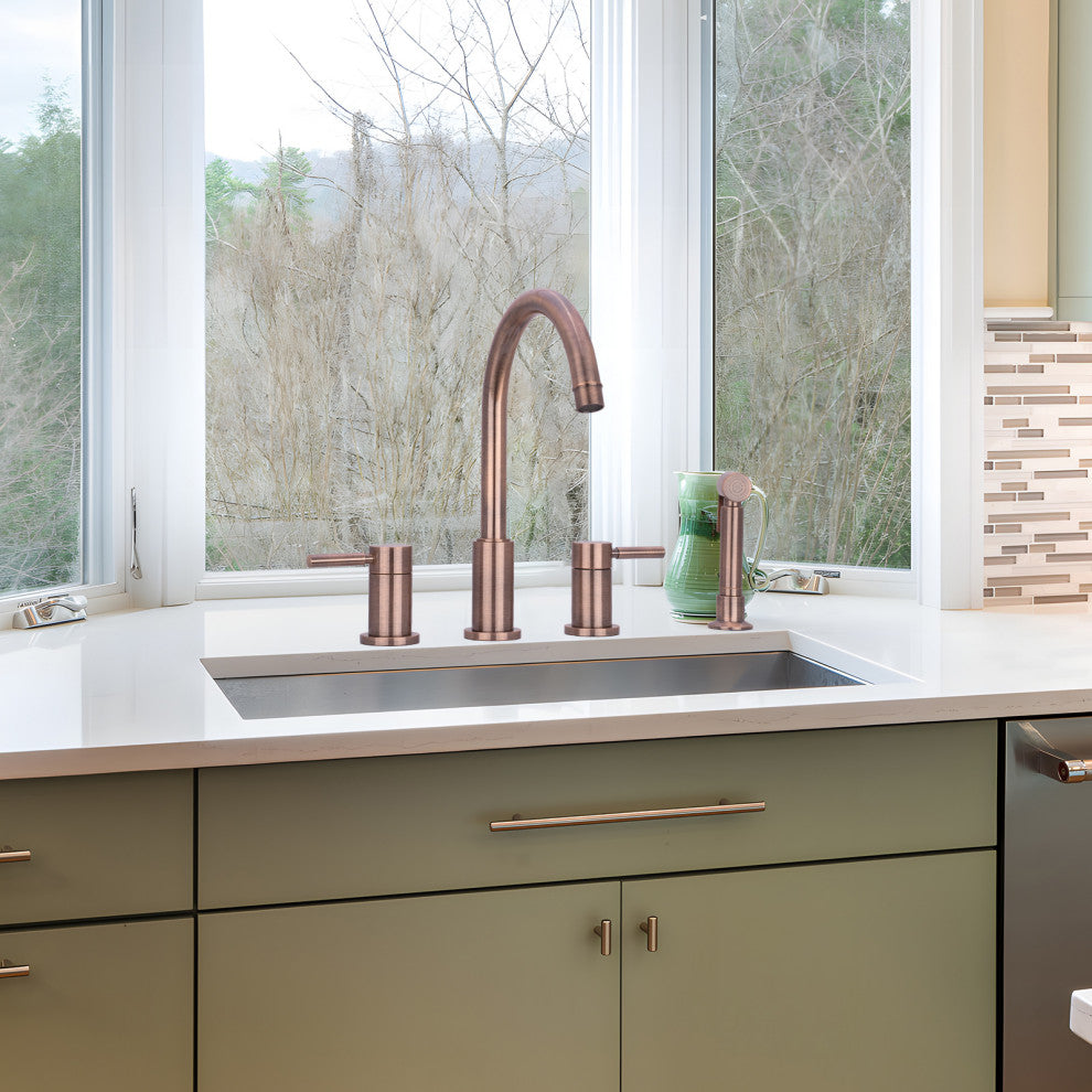 Two-Handles Copper Widespread Kitchen Faucet With Side Sprayer, Antique Copper