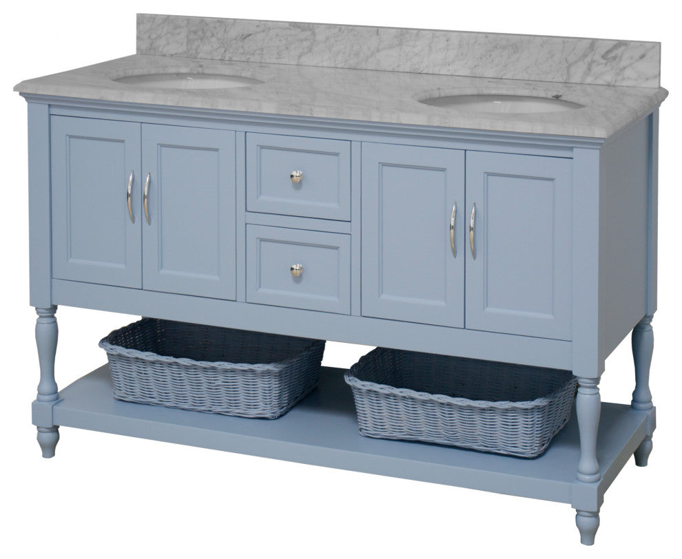 Beverly 60" Bath Vanity, Powder Blue, Carrara Marble, Double Vanity