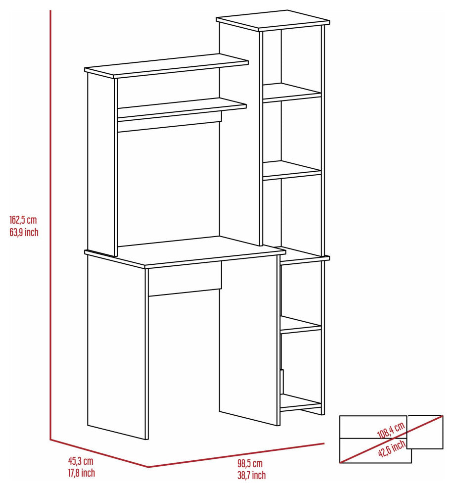 TATEUS 6-Shelf Home Office Writing Desk with Built-in Bookcase, Smokey Oak