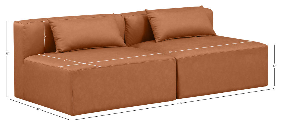 Cube Upholstered Modular Sofa, Cognac, 2-Piece: 2 Armless Chair, Vegan Leather