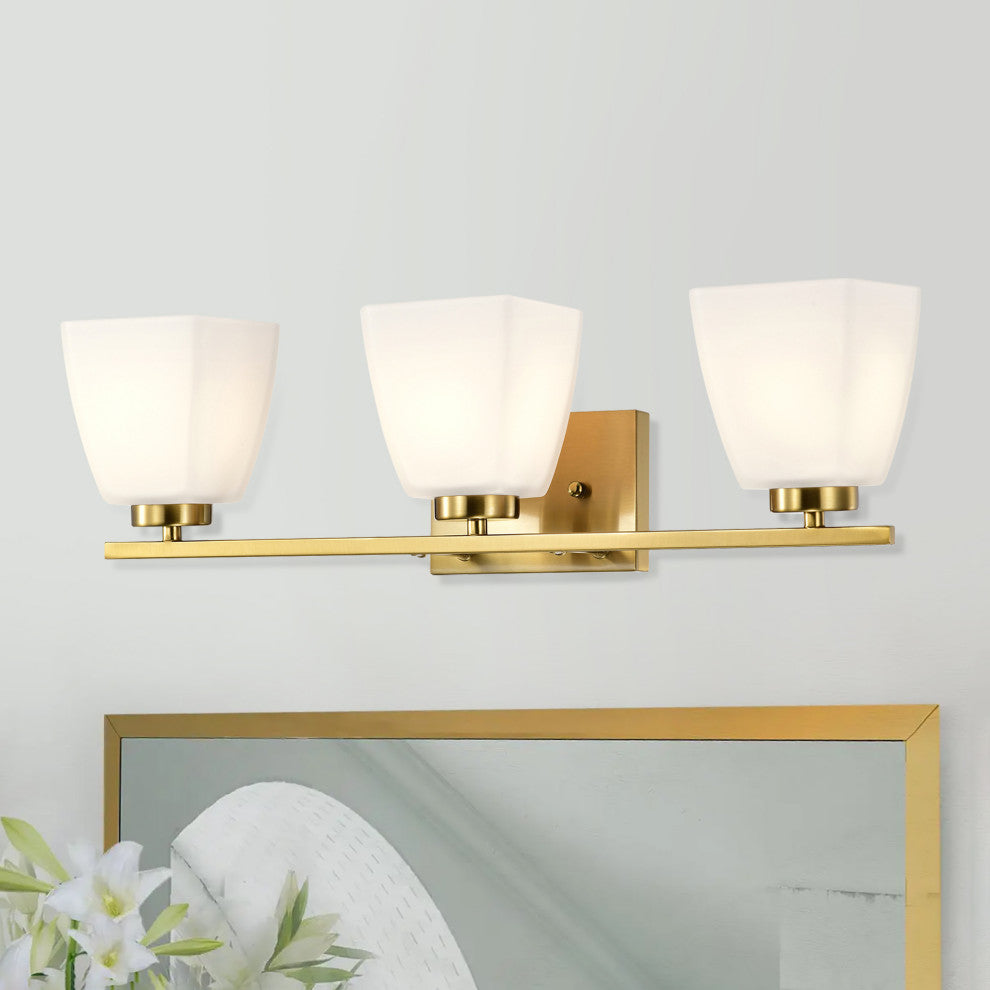 22 in. 3-Light Gold Modern Vanity Light With Square Etched White Glass Shades