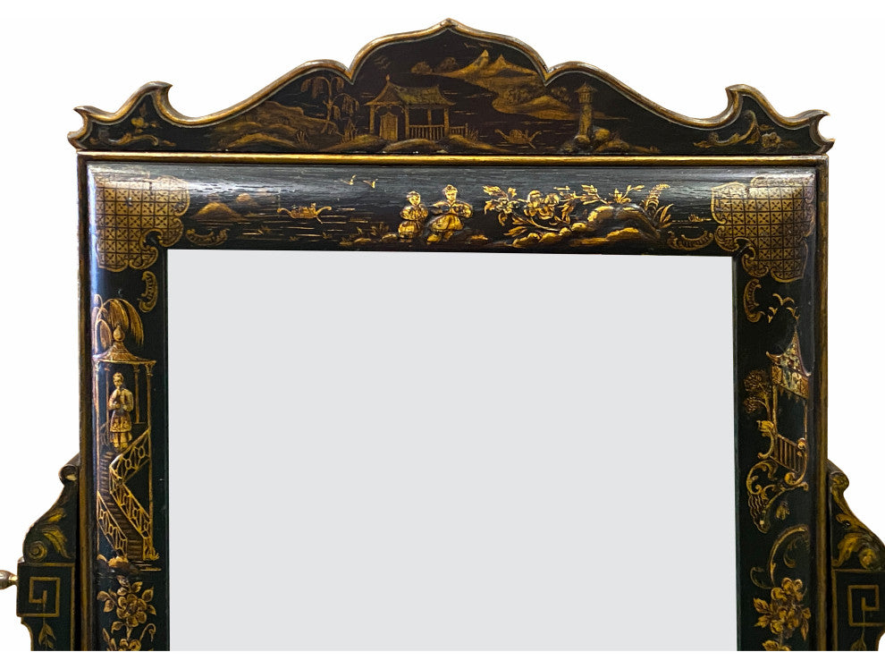 Chinese Vintage Golden Scenery Black Lacquer Mirror Chest Hcs7052