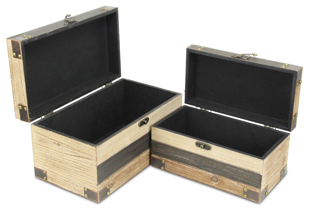 Wood Panel Storage Boxes, Bronze Metal Accents, 2-Piece Set