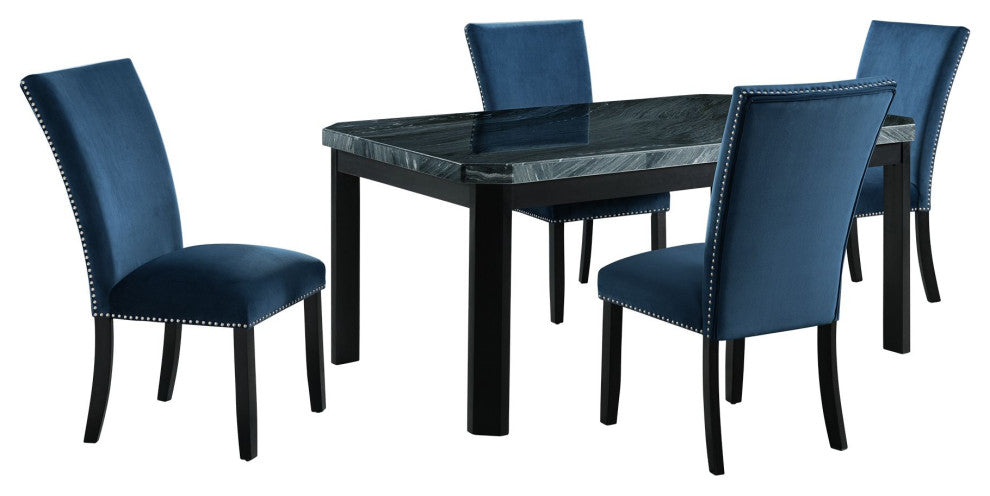 Francesca Rectangular 5 Piece Blue Velvet Chairs Dining Set Table and 4 Chairs
