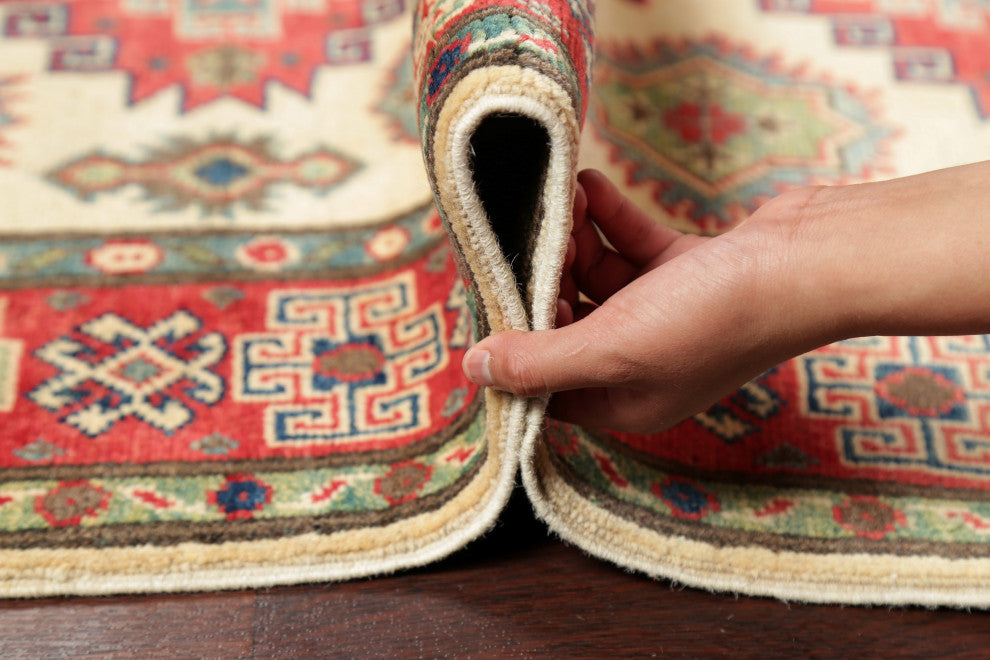 Kazak Oriental Traditional Hand Made Area Rug Pakistani, Beige, 4'9"x3'4
