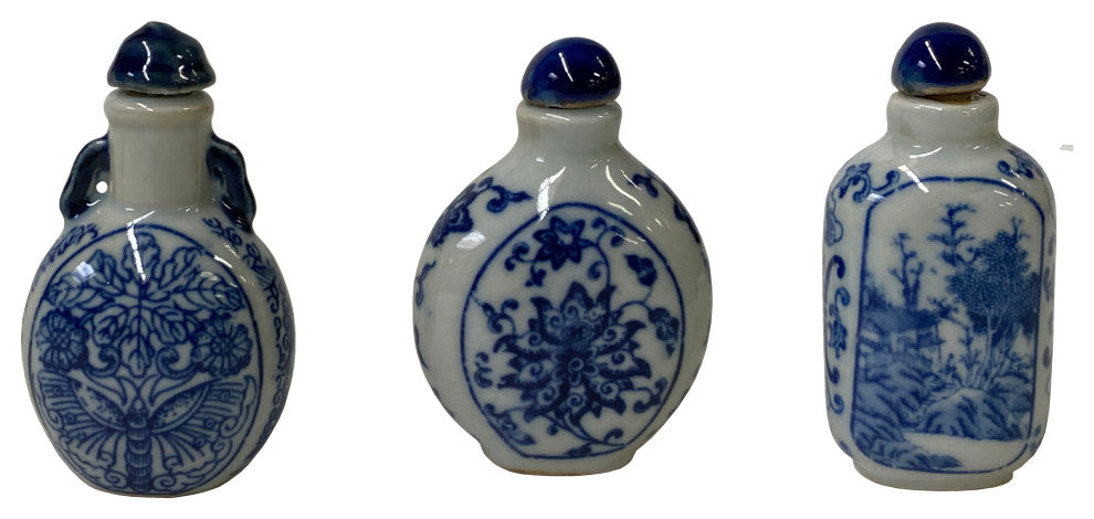 3 Piece Chinese Porcelain Snuff Bottle With Blue White Flower Graphic Hws2455