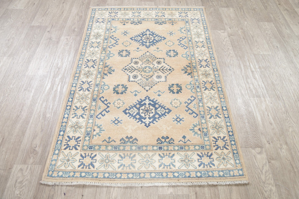 Hand-Knotted Kazak Oriental Traditional Pakistani Area Rug, Beige, 4'11"x3'3