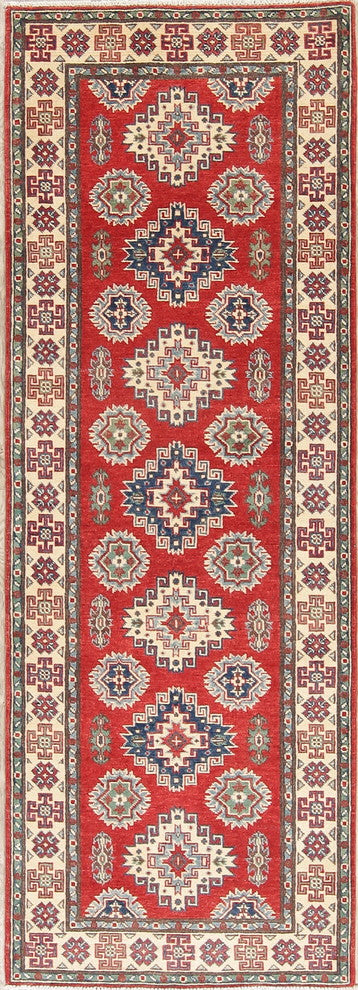 Pakistani Kazak Traditional Oriental Hand-Knotted Runner Rug, Red, 7'11"X2'9"
