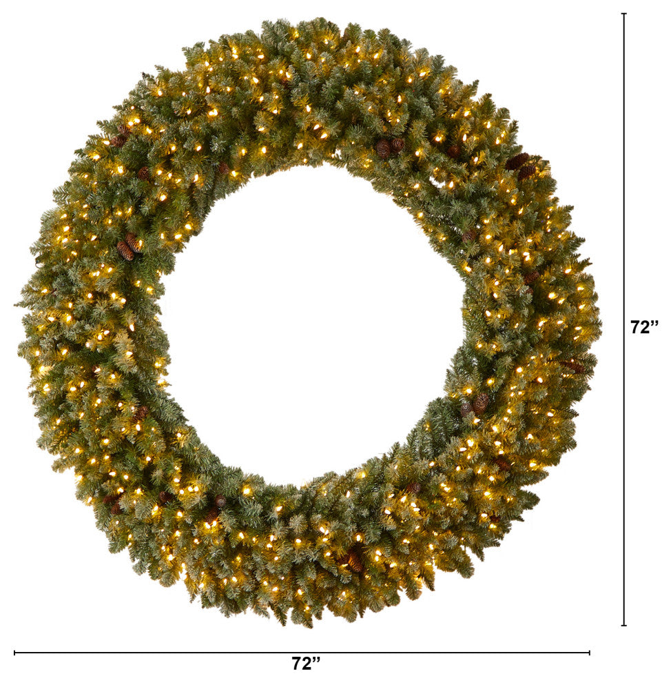6' Giant Flocked Artificial Christmas Wreath With Pinecones, 400 Clear LEDs