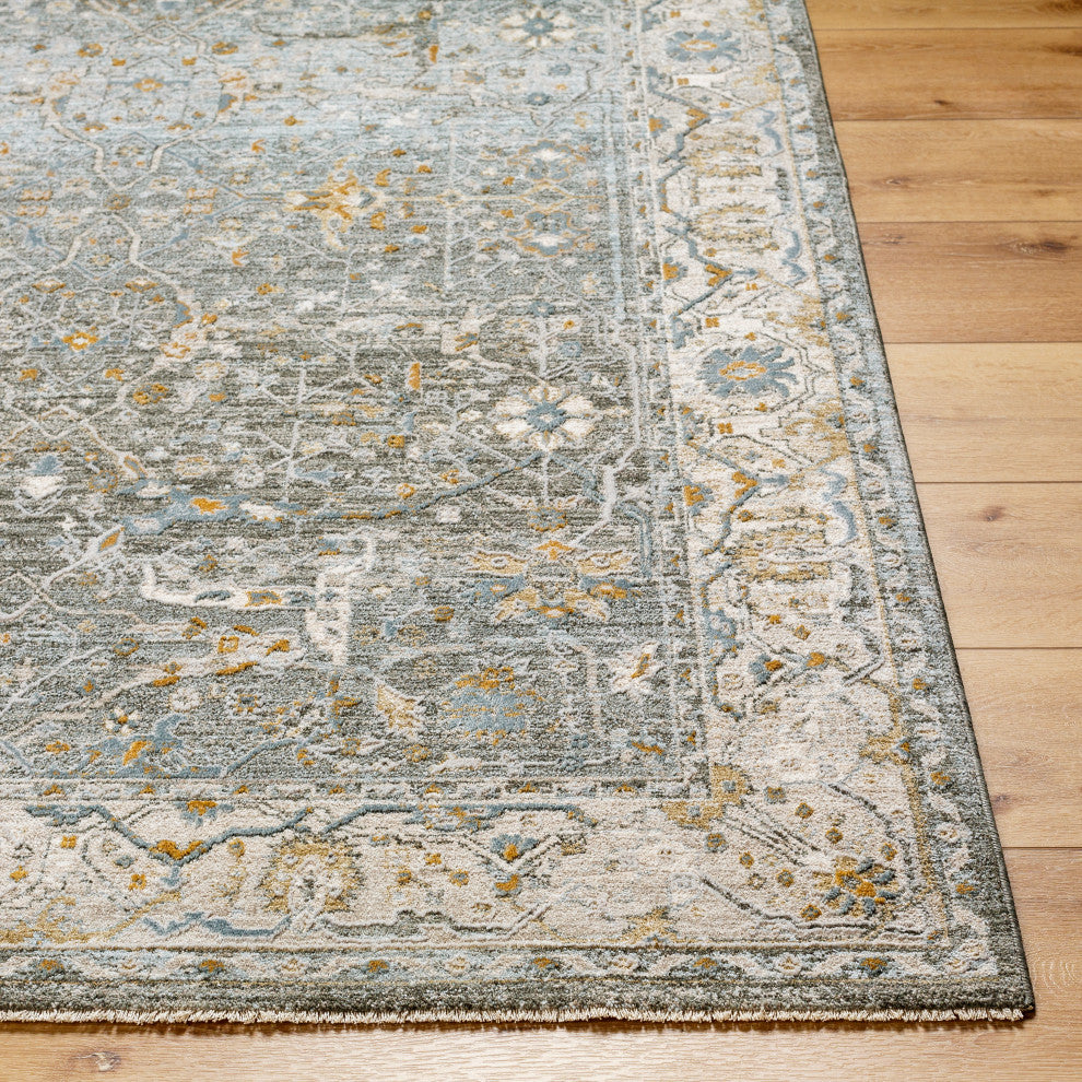 Surya Dresden DRE-2309 Machine Woven Area Rug, Dusty Sage, Taupe, Off-White, Light Gray, Deep Teal, 2'7" X 10'
