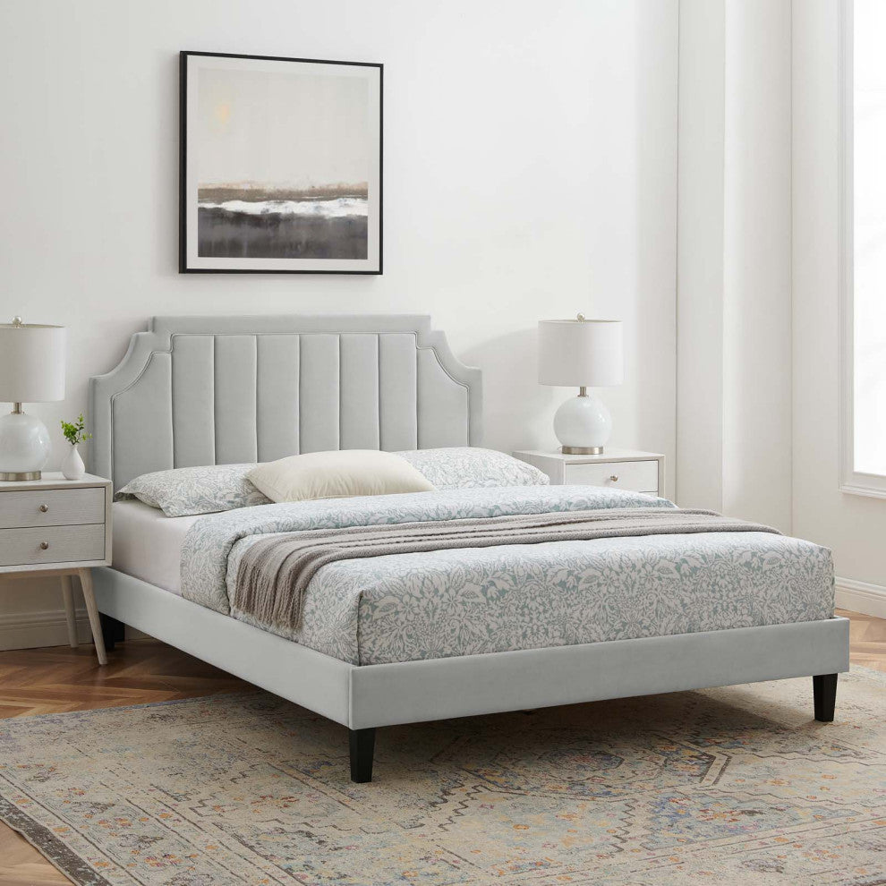 Platform Bed Frame, Full Size, Velvet, Light Grey Gray, Modern Contemporary