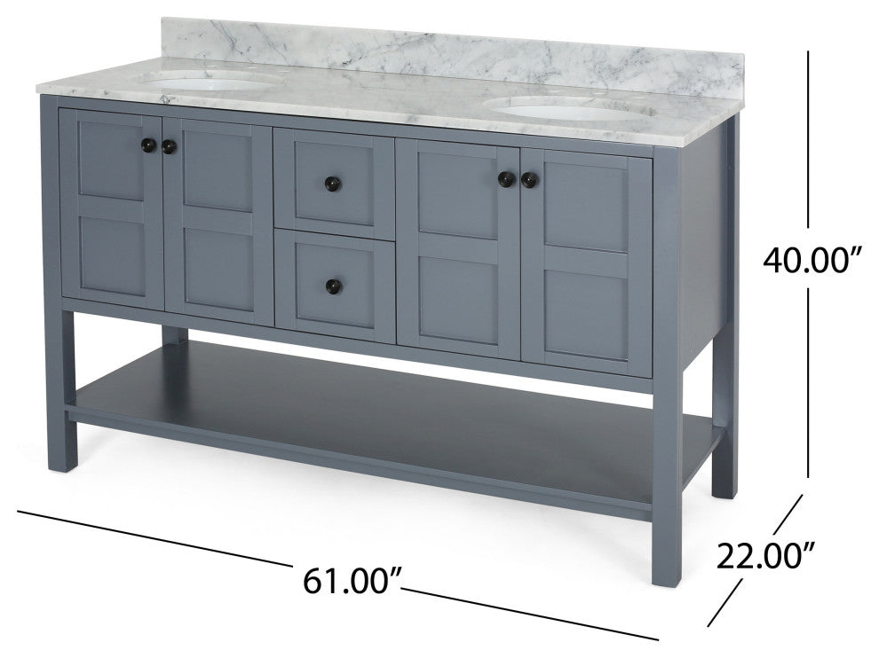 Anna Contemporary 60" Wood Double Sink Bathroom Vanity With Marble Counter Top, Gray