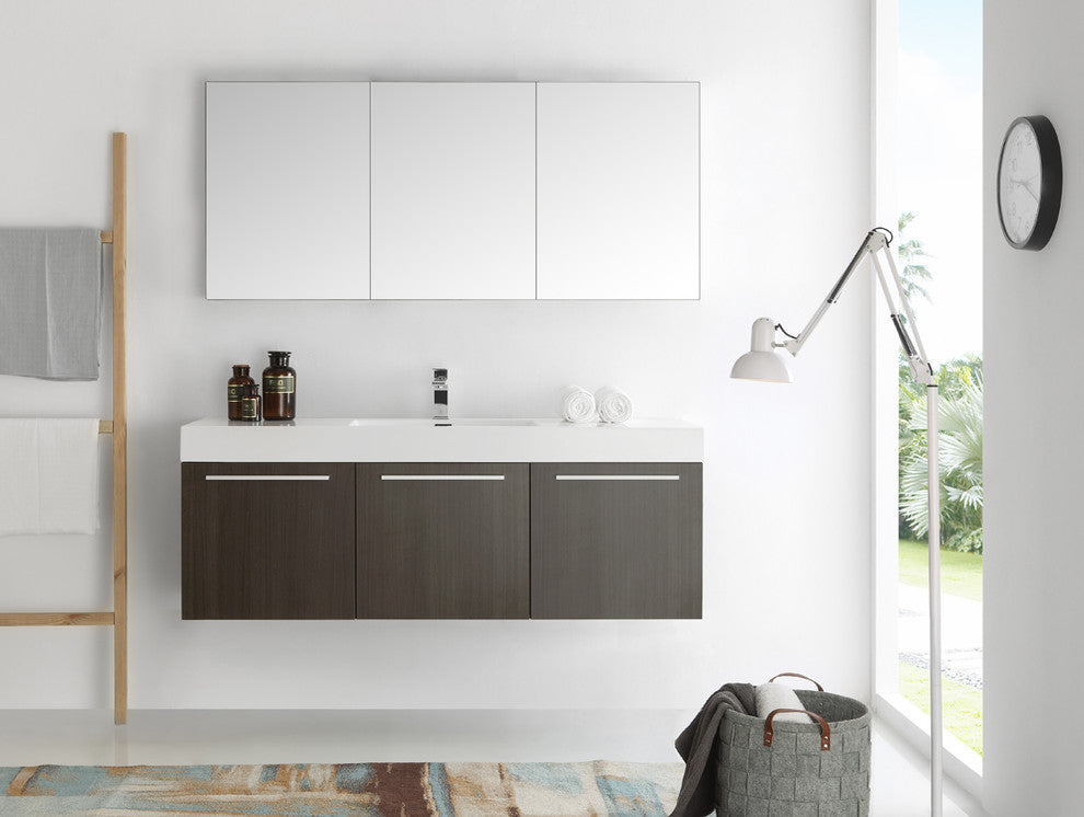 Vista 60" Gray Oak Wall Hung Single Sink Modern Bathroom Vanity, FFT1030CH