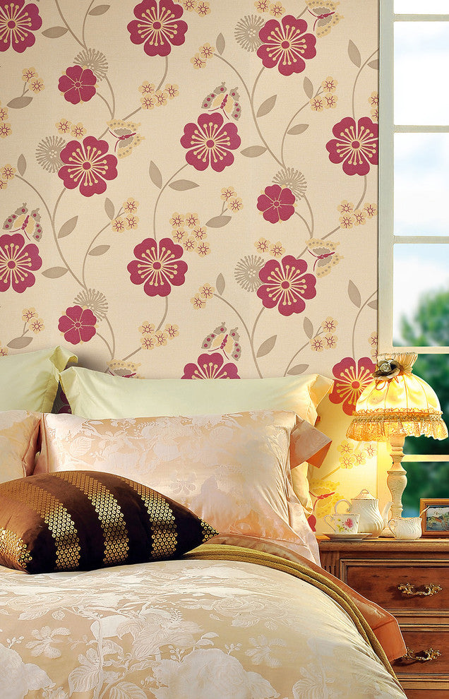 Flowers and Butterflies Wallpaper, Ivory