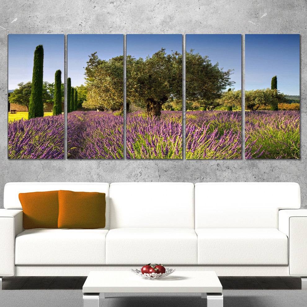 Beautiful Lavender and Olive Trees, Flower Canvas Wall Art, 60"x28", 5 Panels
