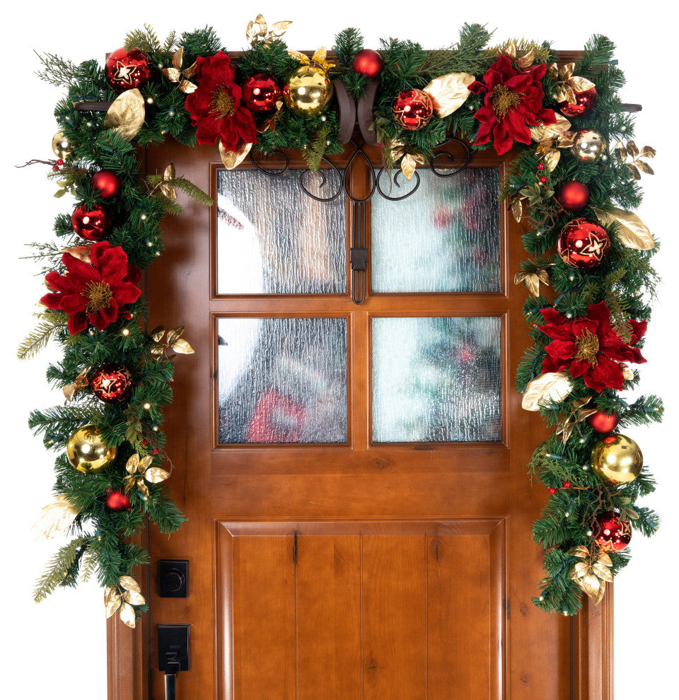 9' Artificial Christmas Garland with Lights, Golden Leaf Red Magnolia