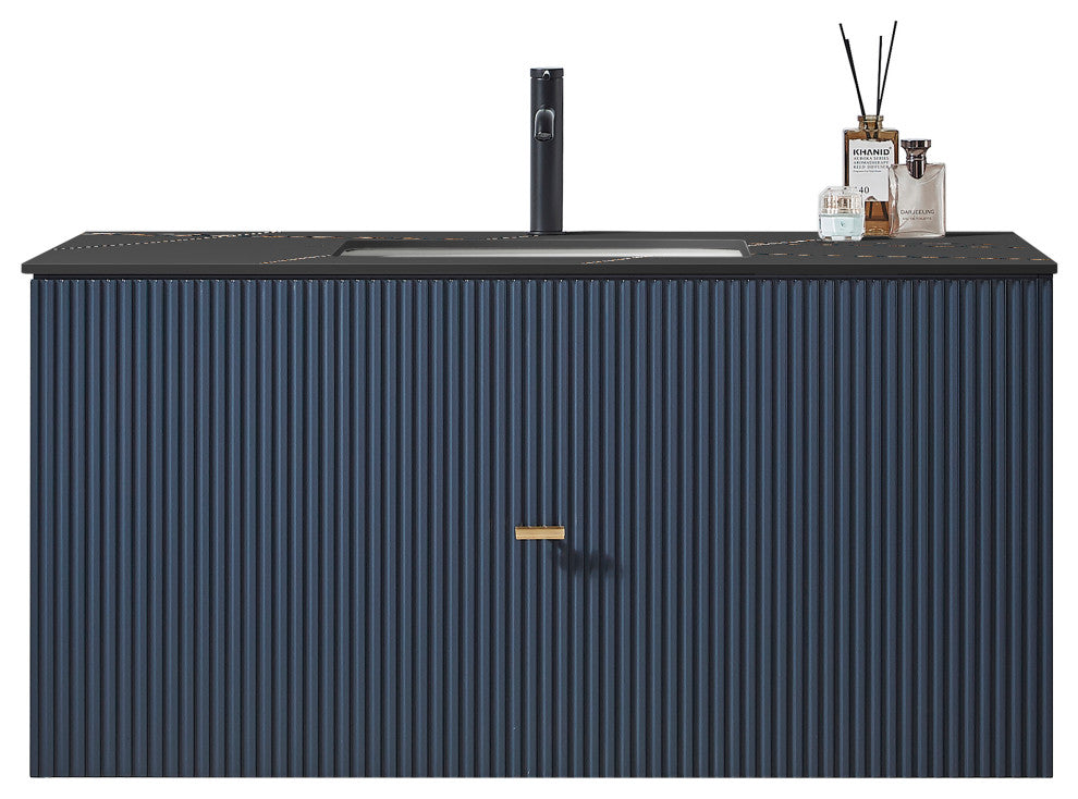 BARCELONA Wall Mount Modern Bathroom Vanity, Dark Blue, 42", Black Countertop