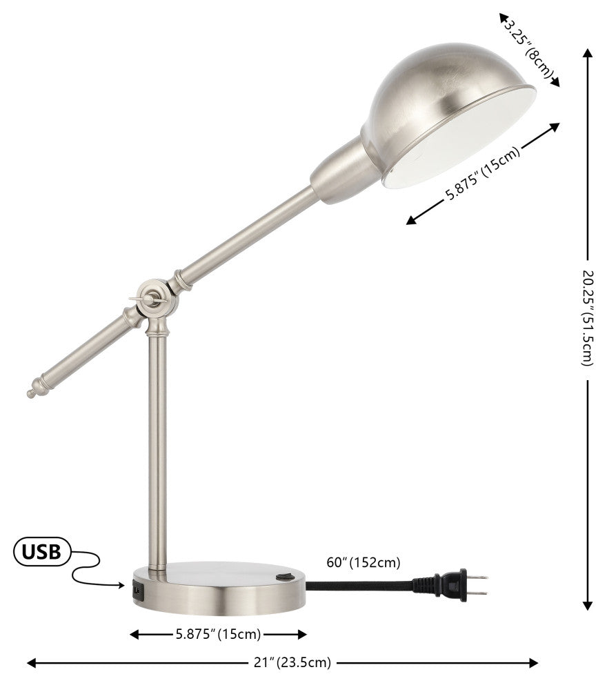 20.25" Iron Adjustable Dome Shade LED Task Lamp With USB Charging Port, Nickel
