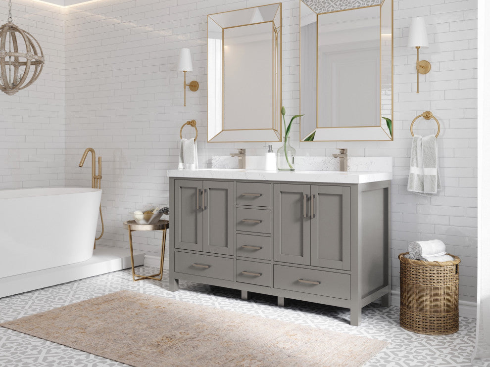 Malibu 60 Double Sink Vanity in Elephant Skin Gray 2" Calacatta Poanazzo