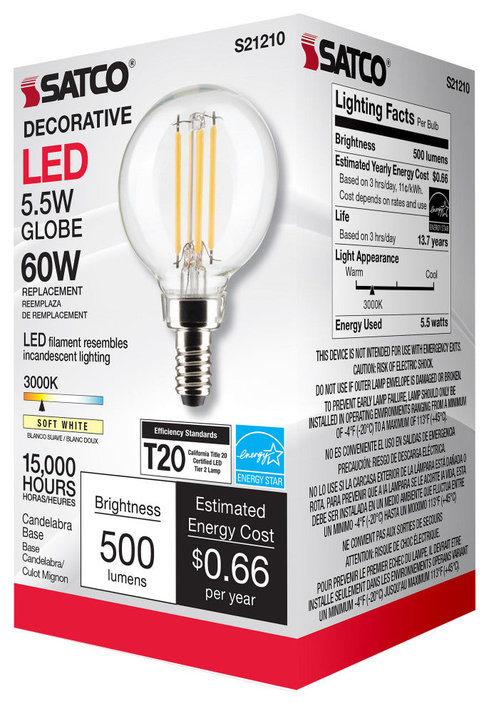 5.5W G16.5 LED, Clear, Candelabra Base, 90 CRI, 3000K, 120V