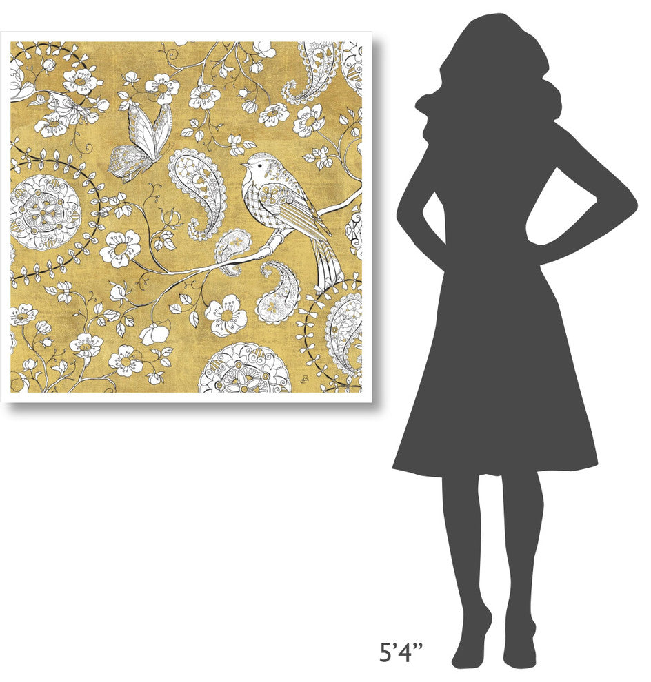 "Color my World Bird Paisley I Gold" Paper Print by Daphne Brissonnet, 38"x38"