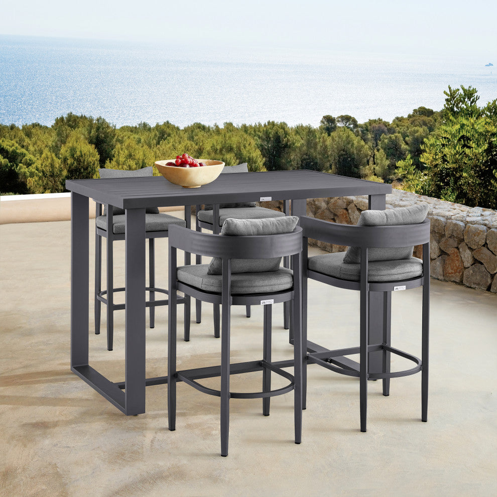 Argiope Outdoor Patio 5-Piece Bar Table Set, Aluminum With Gray Cushions