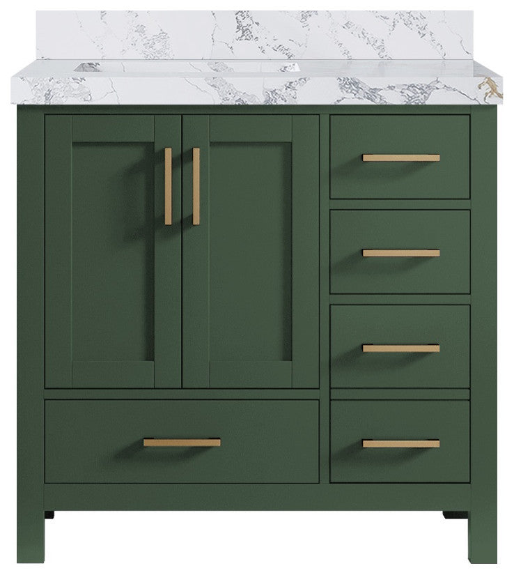 Malibu 36 Left Offset Bath Vanity in Lafayette Green 2" Calacatta Poanazzo