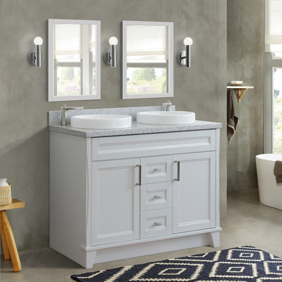 48" Double Sink Vanity, White Finish With Gray Granite And Round Sink