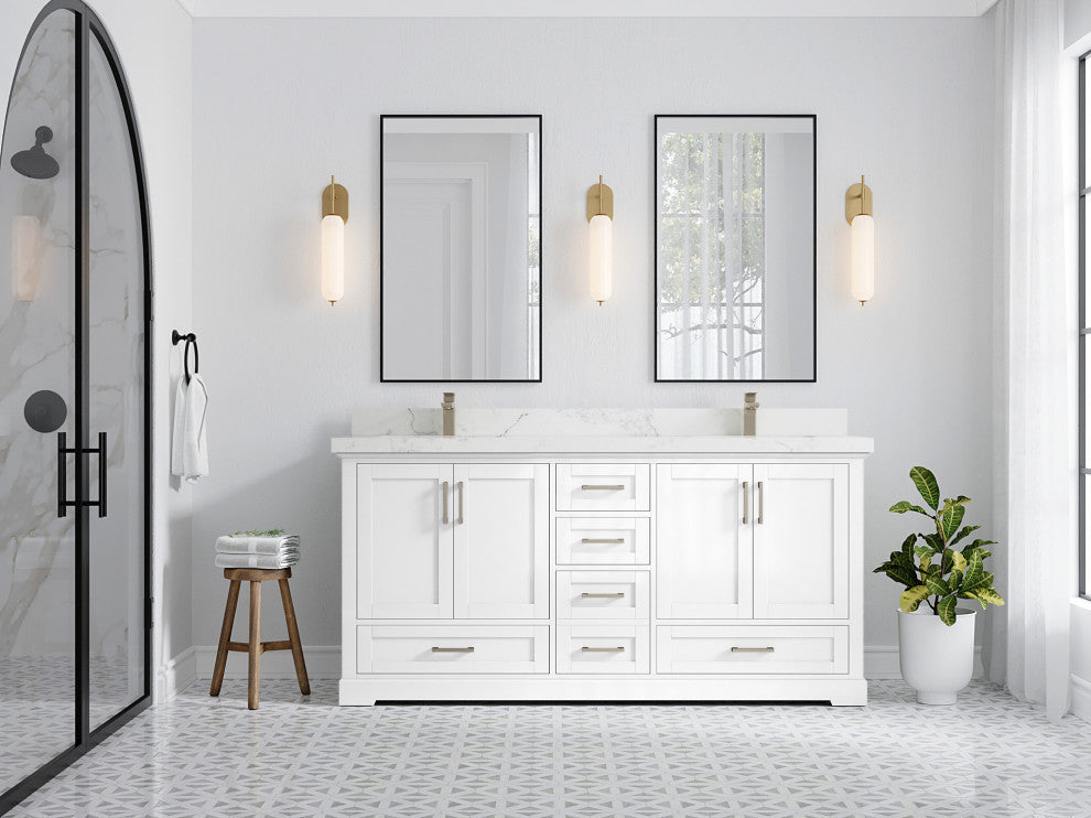 Boston 72 Double Sink Bath Vanity in White 2" Calacatta Nuvo