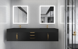 CastelloUSA Amazon 84" Wall Mounted Vanity Set, Black, Black Top, Gold Handles