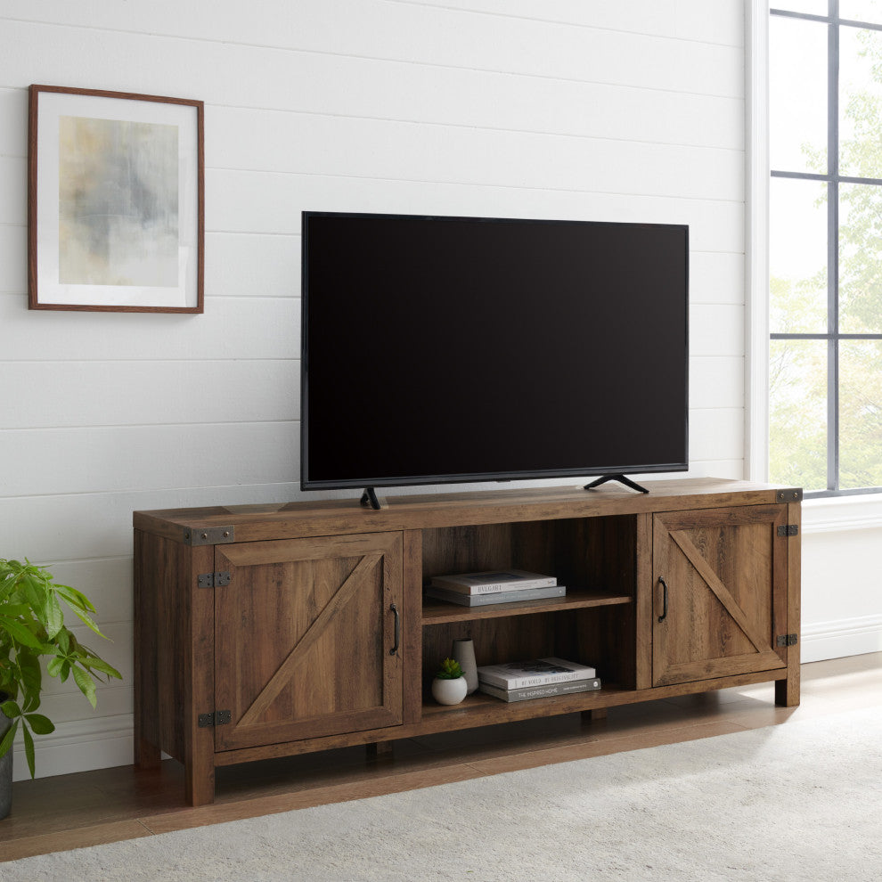 70" Farmhouse TV Stand with Barn Doors, Rustic Oak