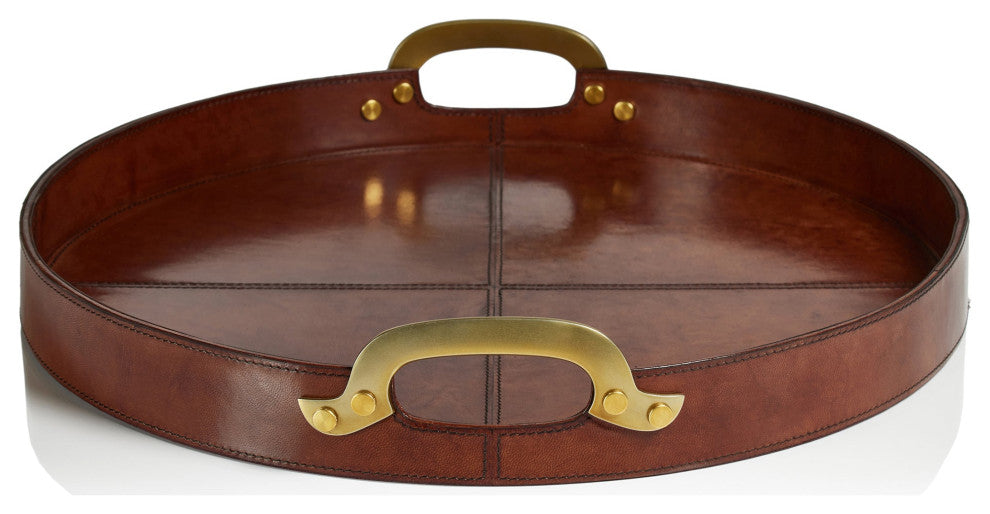 Harlow Leather With Brass Handles Round Tray, Almond Brown, Small- 20"
