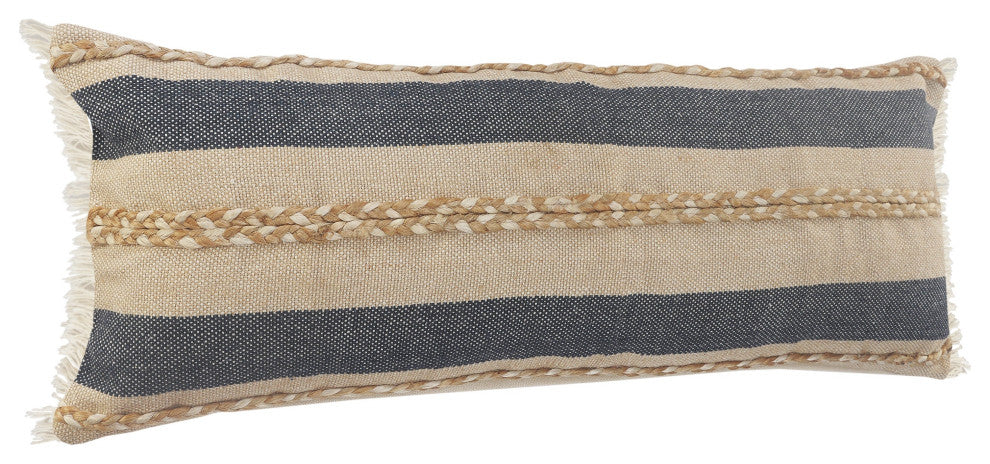 Ox Bay Blue/Tan Stripe Cotton Blend Pillow Cover, 14"x36"