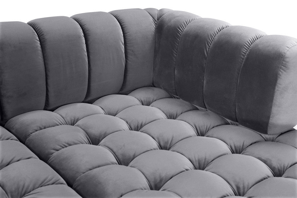 Gwen Biscuit Tufted Velvet Upholstered 3 Piece Sectional, Gray