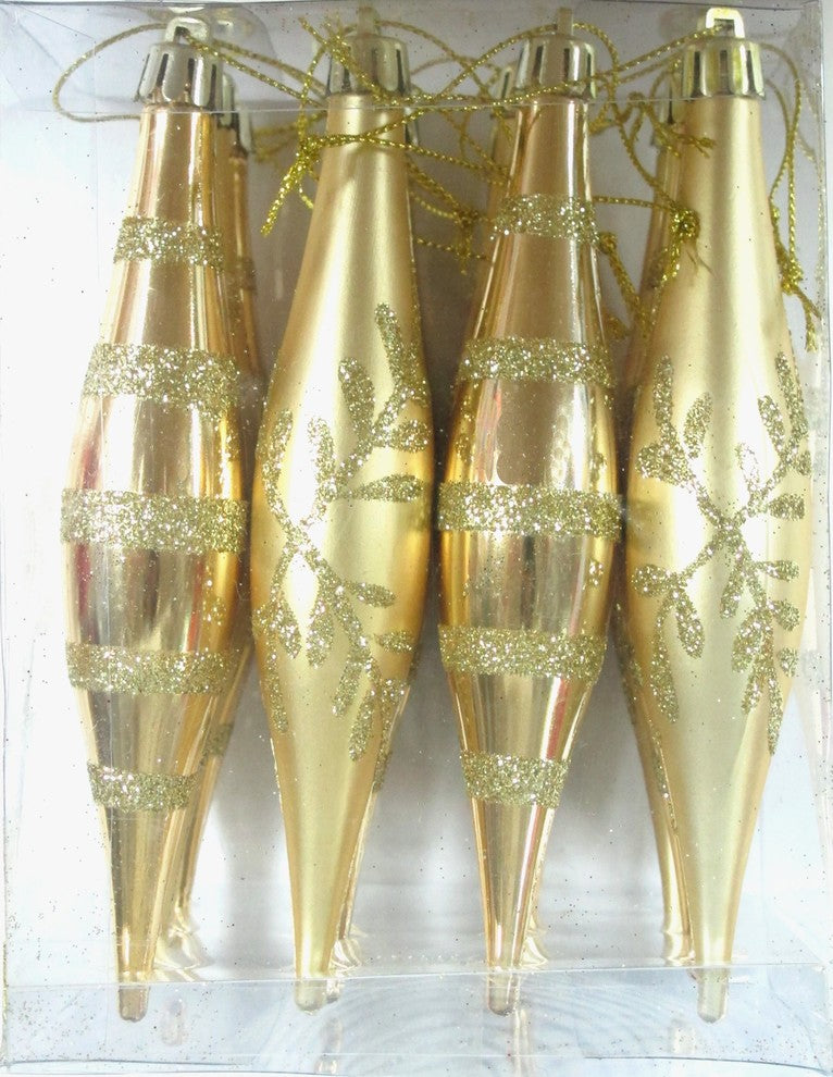 Gold Finial Ornament With Snowflake And Line Glitter Design