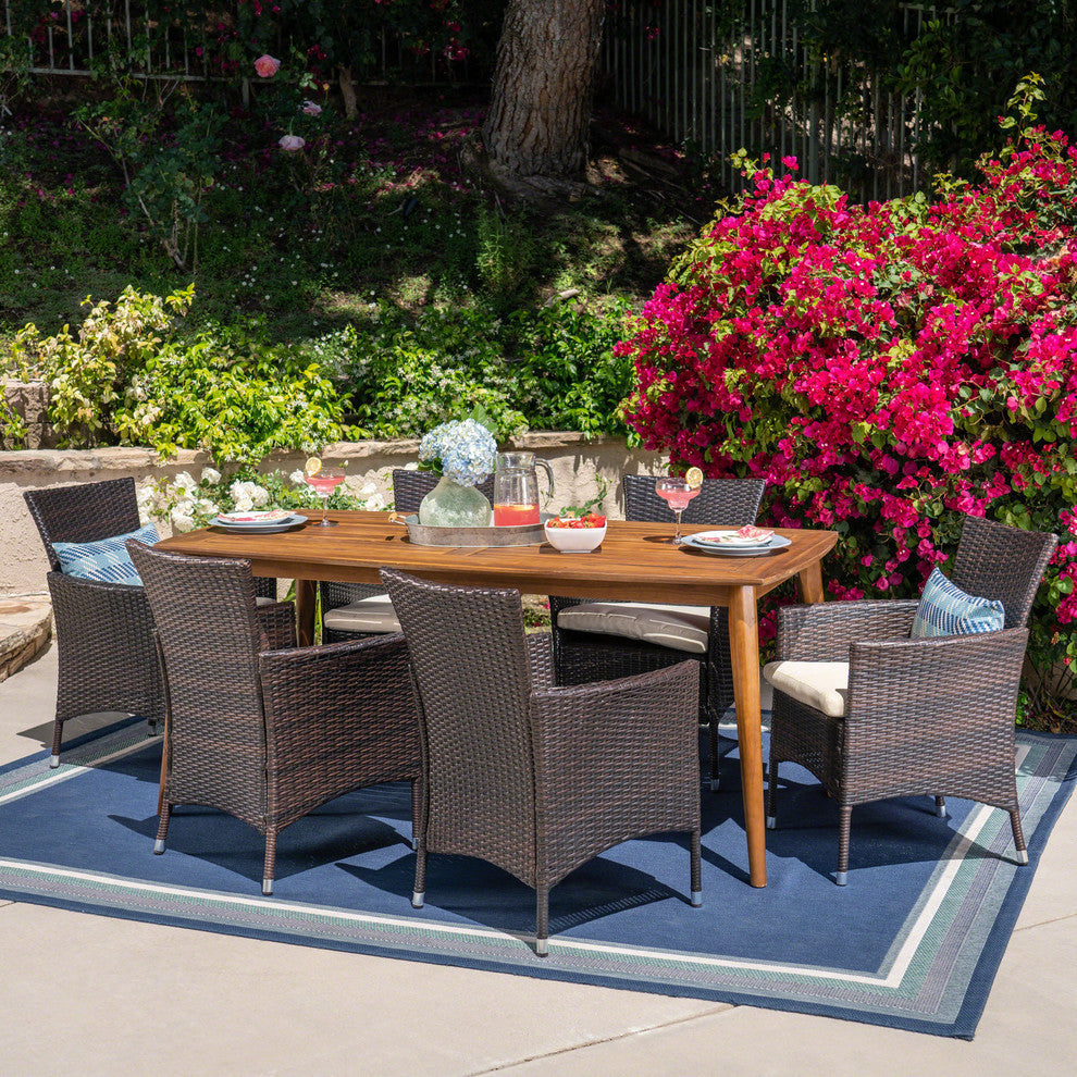 GDF Studio 7-Piece Matthew Outdoor Dining Set With Acacia Table and Cushions